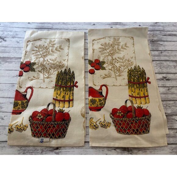 NEW Vintage MCM Belgian Linen Tea Kitchen Towels Strawberry Mushroom PAIR - Picture 1 of 10